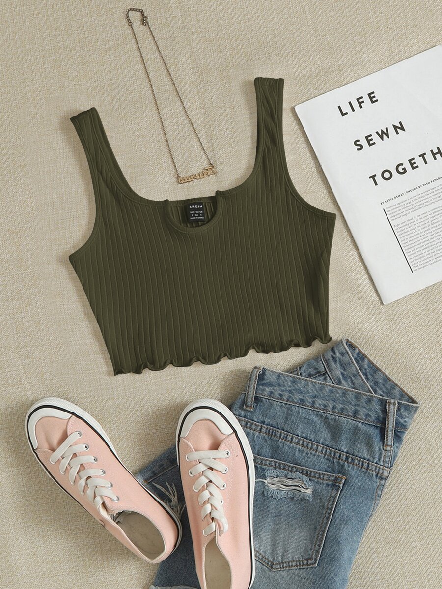 Muchica Notched Neck Rib-knit Crop Tank Top - Army Green - View 1