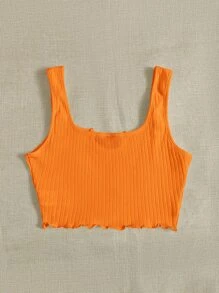 SHEIN EZwear Notch Neck Lettuce Edge Rib-knit Tank Top - Orange - View 2