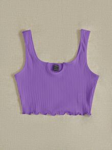 SHEIN EZwear Notch Neck Lettuce Edge Rib-knit Tank Top - Violet Purple - View 3