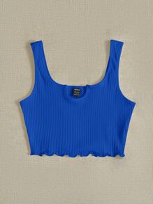SHEIN EZwear Notch Neck Lettuce Edge Rib-knit Tank Top - Royal Blue - View 4