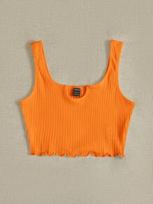SHEIN EZwear Notch Neck Lettuce Edge Rib-knit Tank Top - Orange - View 5