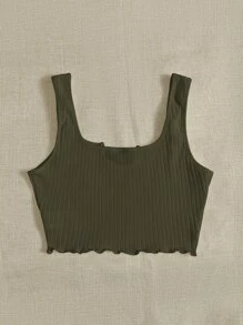 Muchica Notched Neck Rib-knit Crop Tank Top - Army Green - View 2