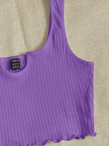 SHEIN EZwear Notch Neck Lettuce Edge Rib-knit Tank Top - Violet Purple - View 4