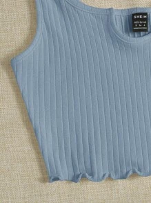 SHEIN EZwear Tank top tejido de canalé ribete en forma de lechuga de cuello V - Neblina azul - Ver 5