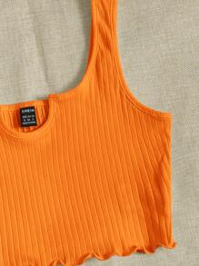 SHEIN EZwear Notch Neck Lettuce Edge Rib-knit Tank Top - Orange - View 3