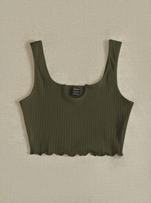 Muchica Notched Neck Rib-knit Crop Tank Top - Army Green - View 3