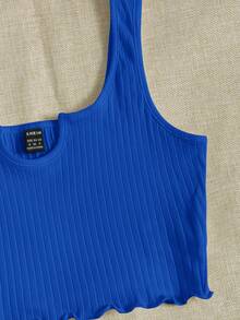 SHEIN EZwear Notch Neck Lettuce Edge Rib-knit Tank Top - Royal Blue - View 6