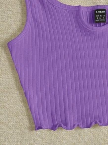 SHEIN EZwear Notch Neck Lettuce Edge Rib-knit Tank Top - Violet Purple - View 5