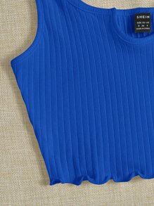 SHEIN EZwear Notch Neck Lettuce Edge Rib-knit Tank Top - Royal Blue - View 5