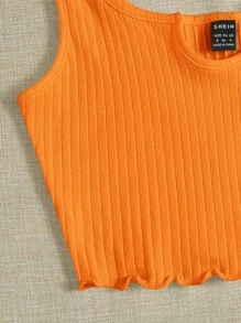 SHEIN EZwear Notch Neck Lettuce Edge Rib-knit Tank Top - Orange - View 4