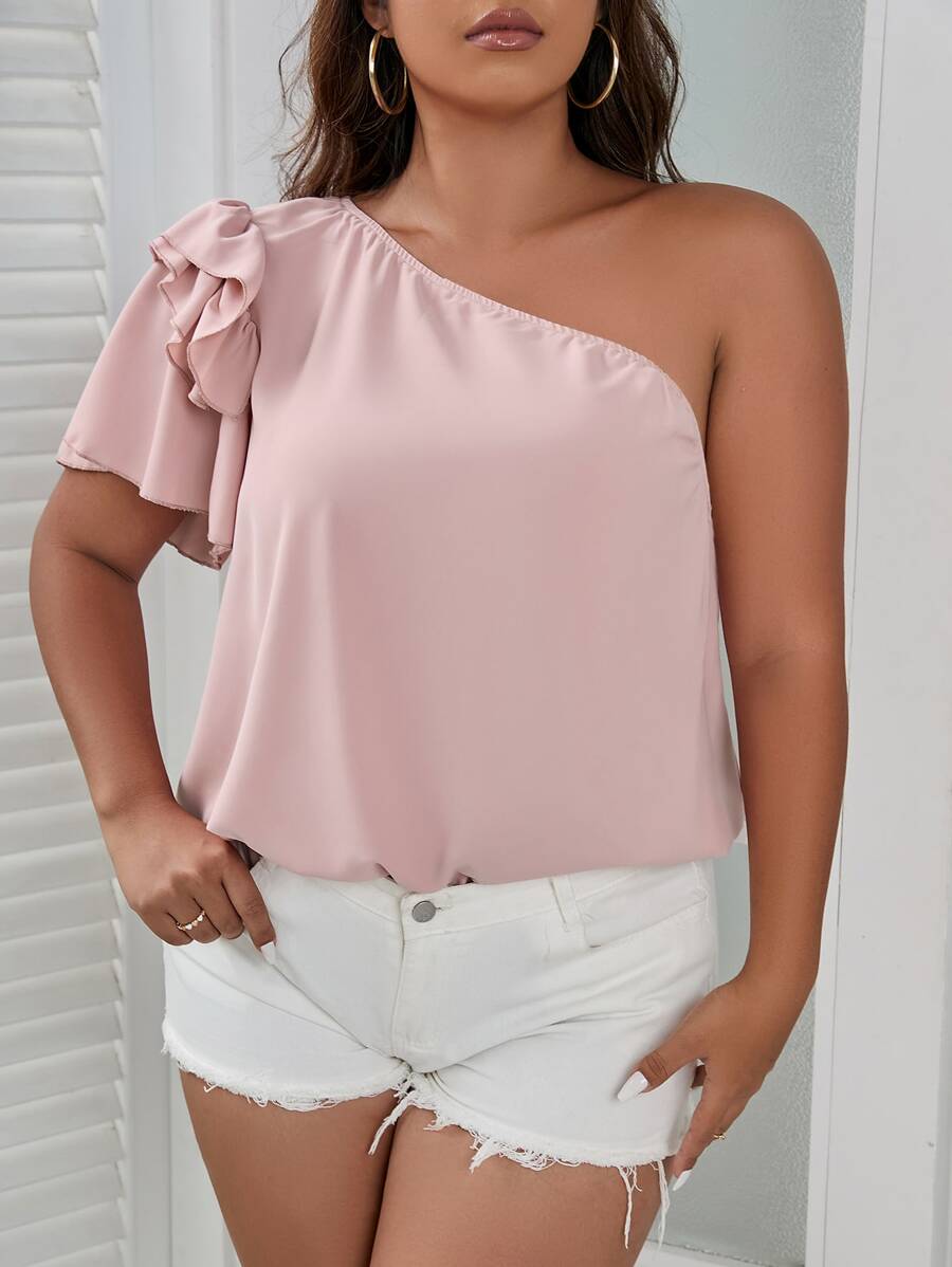 Plus One Shoulder Layered Sleeve Blouse - Baby Pink - View 1