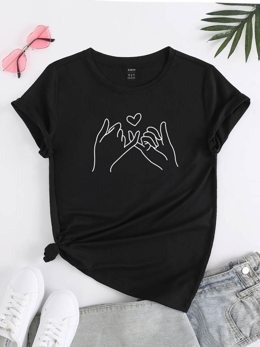 SHEIN Unity Camiseta con corazón & con estampado de figura - Negro - Ver 1