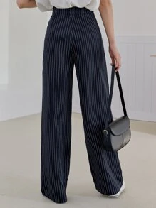 DAZY 女士直筒条纹裤，商务休闲，女士正装裤 - 藏蓝色 - 查看 2