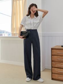 DAZY 女士直筒条纹裤，商务休闲，女士正装裤 - 藏蓝色 - 查看 6