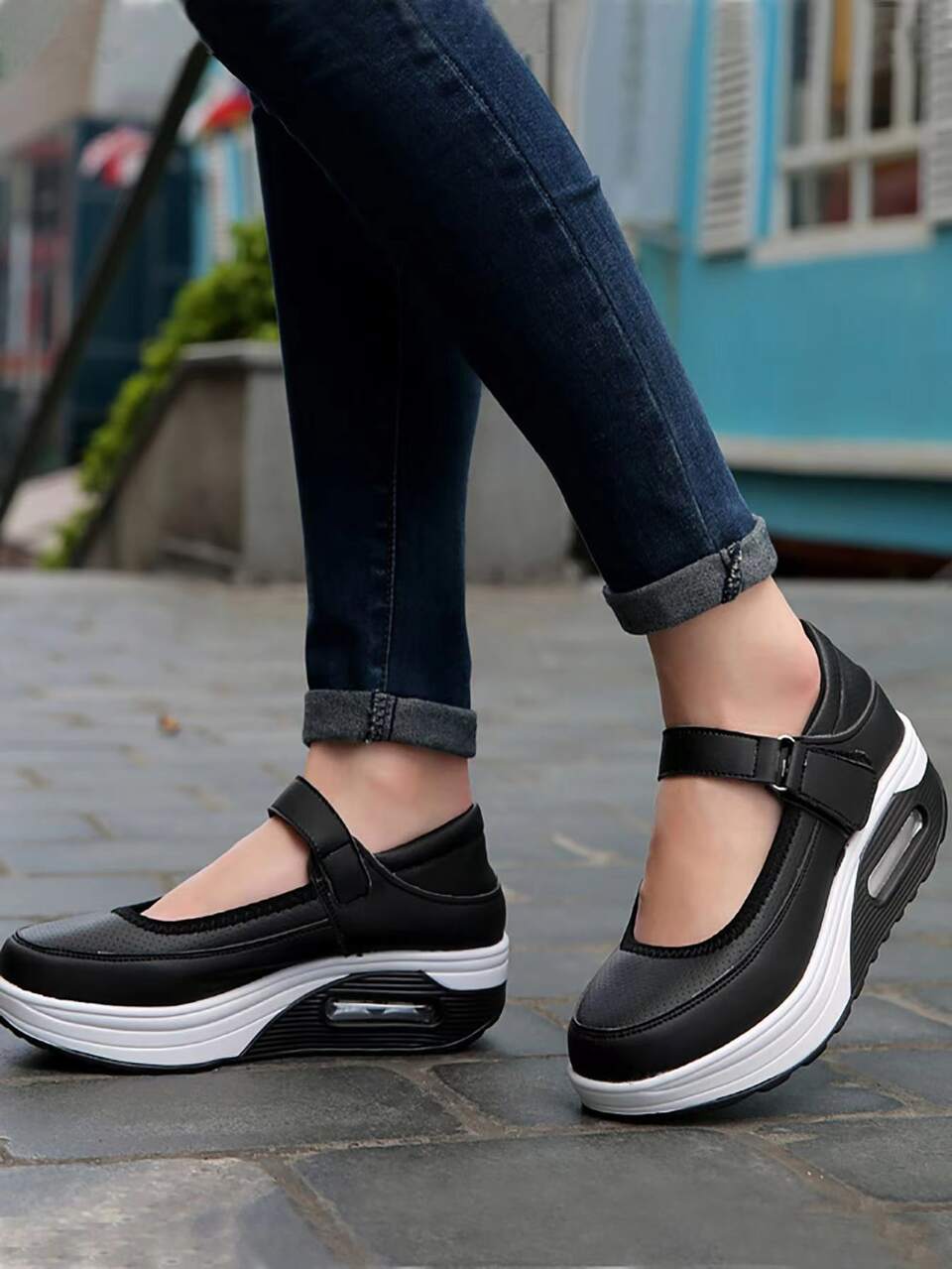 Women's Thick Sole Air Cushion Casual Athletic Nurse Shoes, Slip-On Breathable Slouchy Loafers, Black With Strap, Easy On/Off, Lightweight