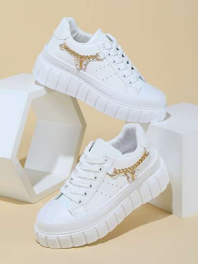 Fall/Winter Women Chain Decor Lace-Up Front Skate Casual Shoes,Sneakers For Women