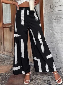 Brush Paint Wide Leg Trousers - Black and White - View 2