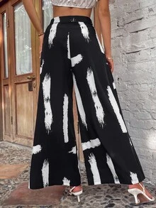 Brush Paint Wide Leg Trousers - Black and White - View 3