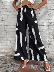 Brush Paint Wide Leg Trousers - Black and White - View 4