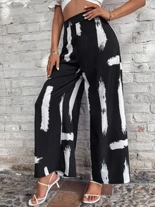Brush Paint Wide Leg Trousers - Black and White - View 5