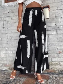 Brush Paint Wide Leg Trousers - Black and White - View 6