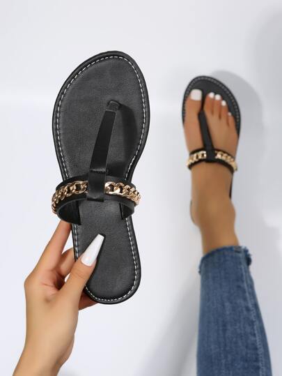 Punk Al aire libre, sandalias planas negras con correa en T para mujer, sandalias de correa artificial con decoración de cadena