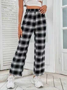 SHEIN PETITE 格纹印花松紧腰裤 - 黑與白 - 查看 1