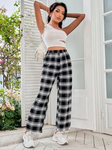 SHEIN PETITE 格纹印花松紧腰裤 - 黑與白 - 查看 3