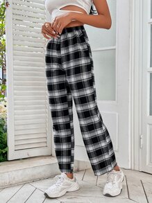 SHEIN PETITE 格纹印花松紧腰裤 - 黑與白 - 查看 4