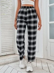 SHEIN PETITE 格纹印花松紧腰裤 - 黑與白 - 查看 5