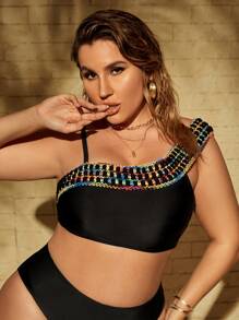 SHEIN Swim Curve Top bikini ribete con puntada - Negro - Ver 1