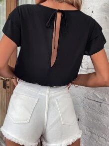 Contrast Lace Cut Out Tie Back Bodysuit - Black - View 2