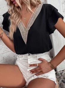 Contrast Lace Cut Out Tie Back Bodysuit - Black - View 4