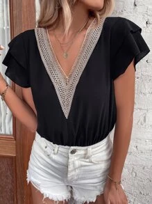 Contrast Lace Cut Out Tie Back Bodysuit - Black - View 5