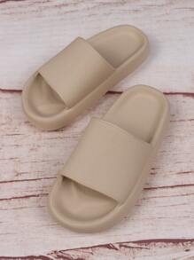 Sandalias de mujer de una sola banda en beige, sandalias planas de punta abierta de moda para uso diario, atuendos de playa, pantuflas de mujer - Caqui - Ver 5