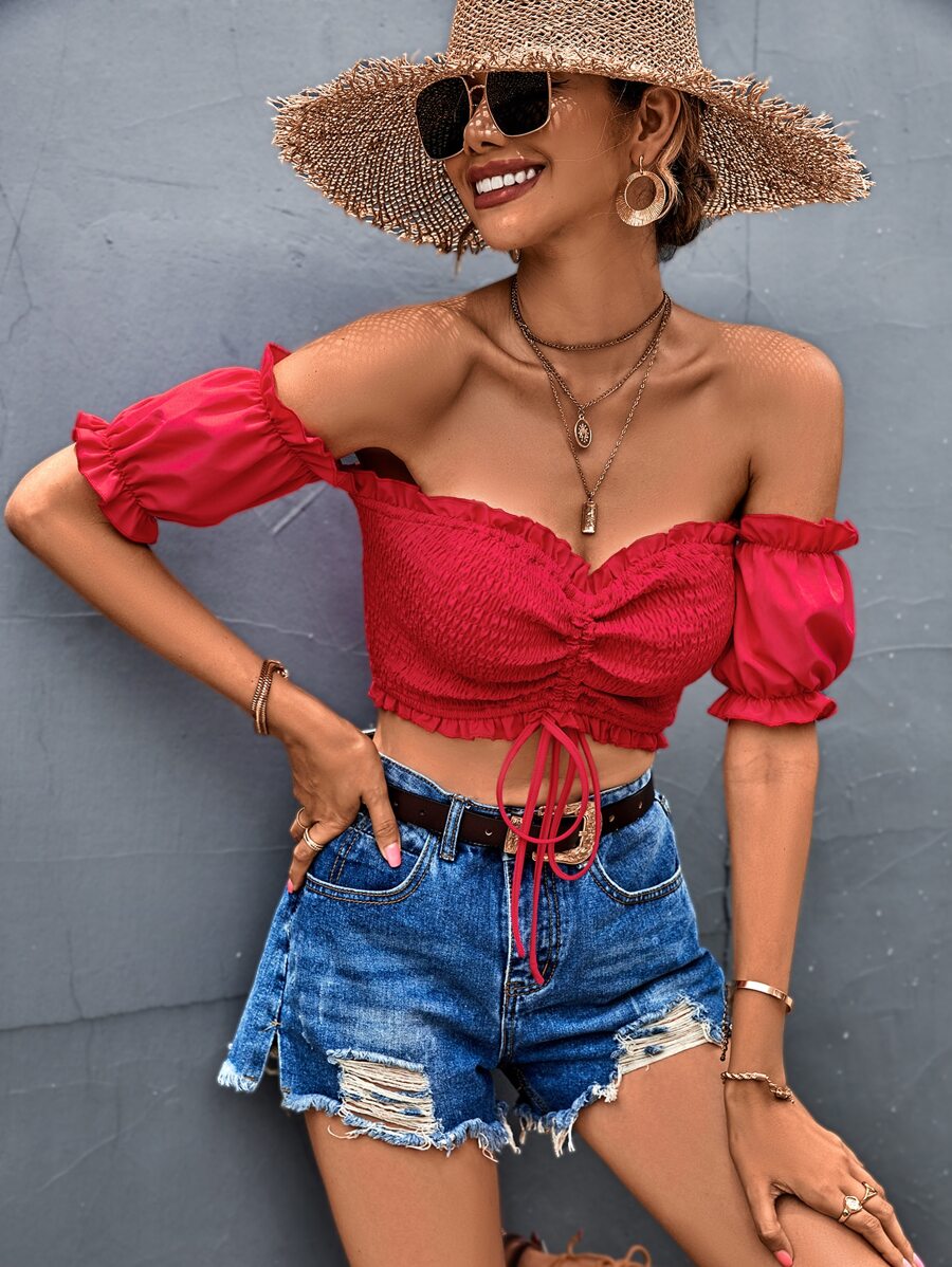 褶邊一字肩抽繩短款打褶上衣 - 紅色 - 查看 1