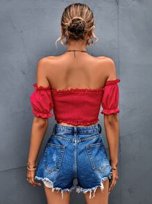 褶邊一字肩抽繩短款打褶上衣 - 紅色 - 查看 2