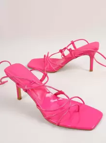 Square Toe Thong Wavy Strap Lace Up Heels - Hot Pink - View 2