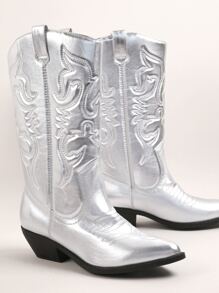 SHUZIA Women's Fashionable & Comfortable Faux Leather Stitch Detailing Block Heel Western Boots Suitable For Daily Wear Halloween Christmas Fall Winter Christmas Fall Winter - Silver - View 2