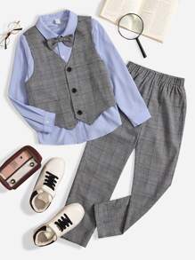SHEIN 男孩格紋印花夾克背心和前蝴蝶結襯衫和褲子