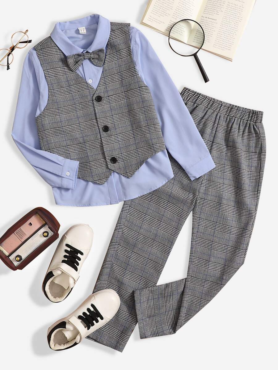 SHEIN 男孩格紋印花夾克背心和前蝴蝶結襯衫和褲子