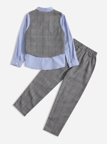 SHEIN 男孩格紋印花夾克背心和前蝴蝶結襯衫和褲子