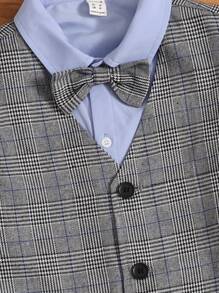 SHEIN 男孩格紋印花夾克背心和前蝴蝶結襯衫和褲子