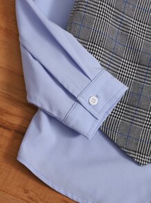 SHEIN 男孩格紋印花夾克背心和前蝴蝶結襯衫和褲子