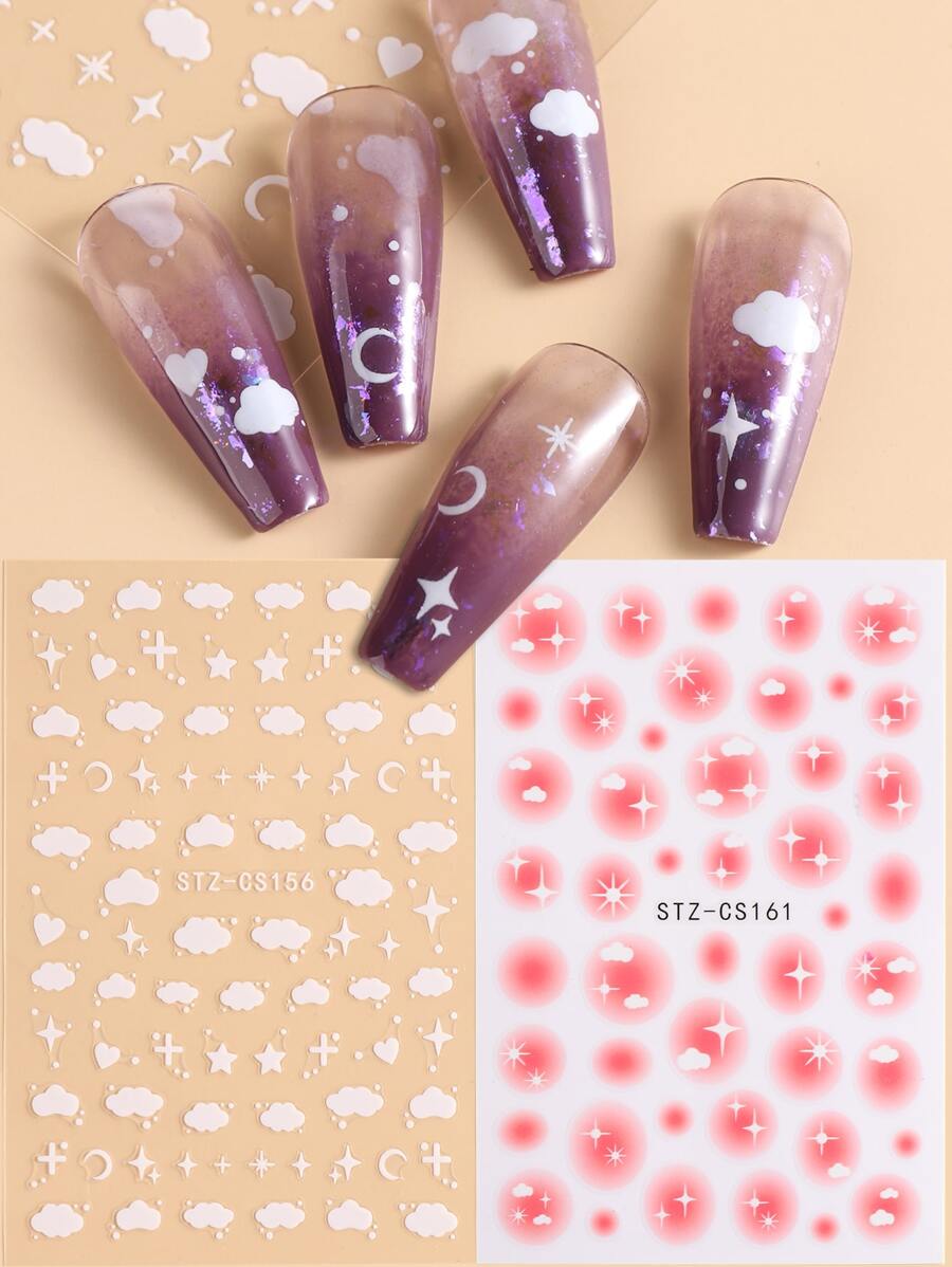 FULL BEAUTY 2張星星和雲朵圖案美甲貼紙 - 彩色 - 查看 1