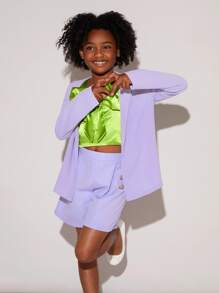 SHEIN Girls Big Bow Front Top and Double Button Shorts Set Without Blazer - Multicolor - View 3