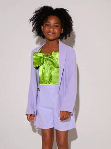 SHEIN Girls Big Bow Front Top and Double Button Shorts Set Without Blazer - Multicolor - View 4