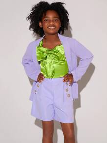 SHEIN Girls Big Bow Front Top and Double Button Shorts Set Without Blazer - Multicolor - View 5