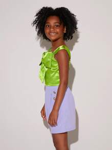 SHEIN Girls Big Bow Front Top and Double Button Shorts Set Without Blazer - Multicolor - View 6