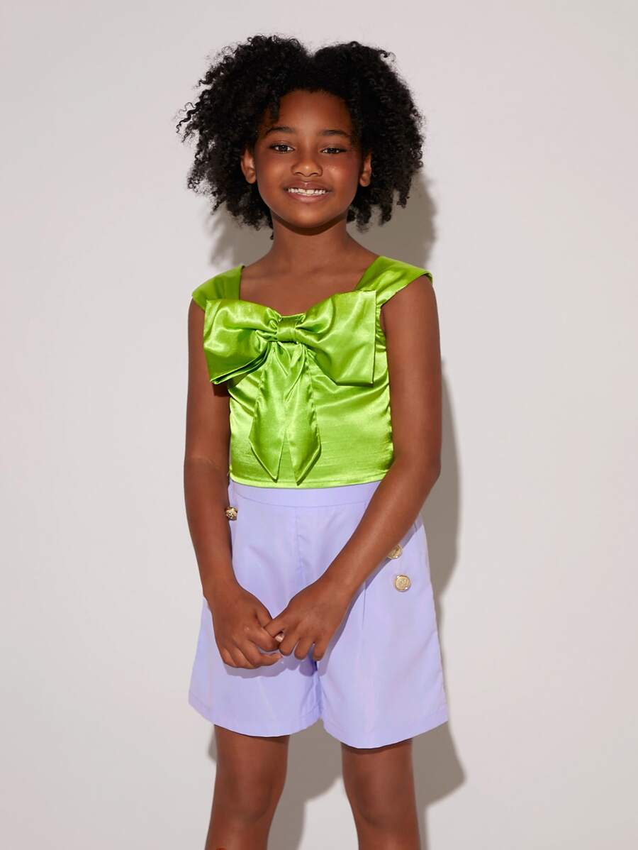 SHEIN Girls Big Bow Front Top and Double Button Shorts Set Without Blazer - Multicolor - View 1